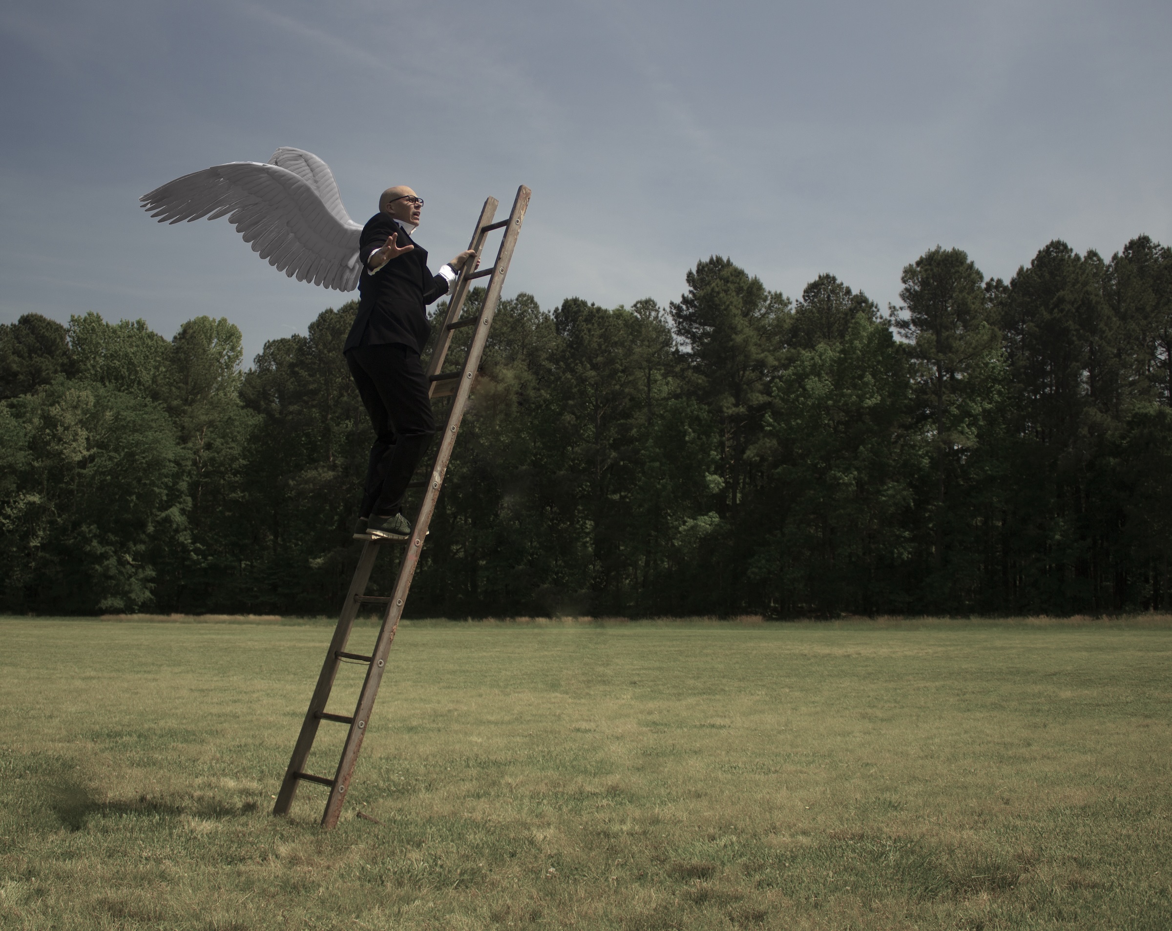 Bradley McDevitt, winged, climbing a ladder in an open field